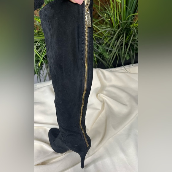 Thigh High Black Suede with Gold Zipper decal Stiletto Heel - Picture 5 of 7
